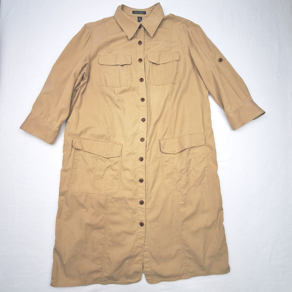 Lauren Ralph Lauren Shirt Dress Womens 16W Tan Utility Safari Roll Tab Cotton